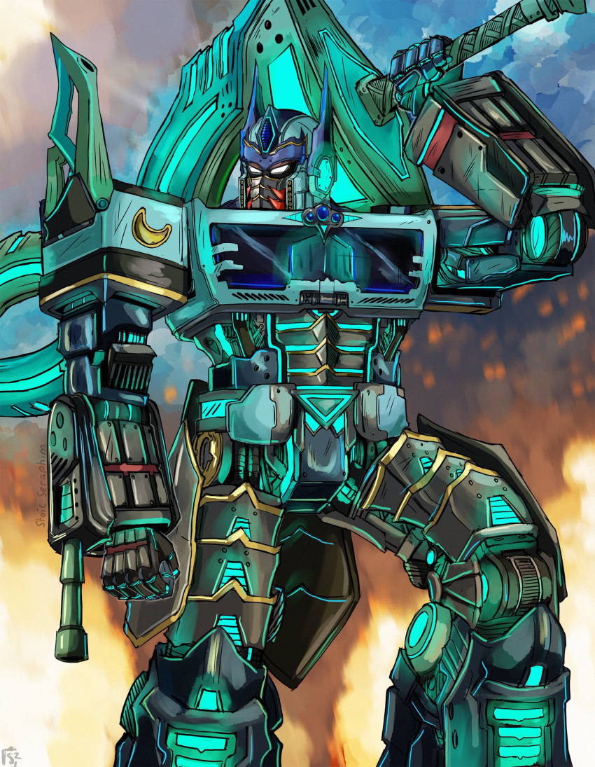 alternate_color blue_gemstone chest_jewel corruption crescent crescent_moon crossover dark_persona double_helix fierce_deity fire forehead_jewel gem highres holding holding_sword holding_weapon looking_to_the_side mecha moon no_pupils optimus_prime possessed robot standing stoic_seraphim sword the_legend_of_zelda the_legend_of_zelda:_majora's_mask transformers weapon