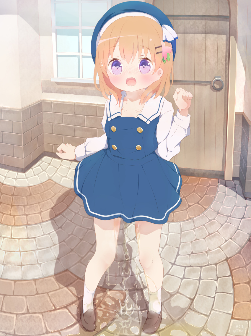 1girl 22m absurdres beret blue_dress blue_headwear blush breath brown_footwear commentary_request dress flower full_body gochuumon_wa_usagi_desu_ka? hair_flower hair_ornament hairclip hat highres hoto_cocoa long_sleeves open_mouth orange_hair outdoors pee peeing peeing_self purple_eyes shadow shoes short_hair socks solo standing white_sleeves white_socks