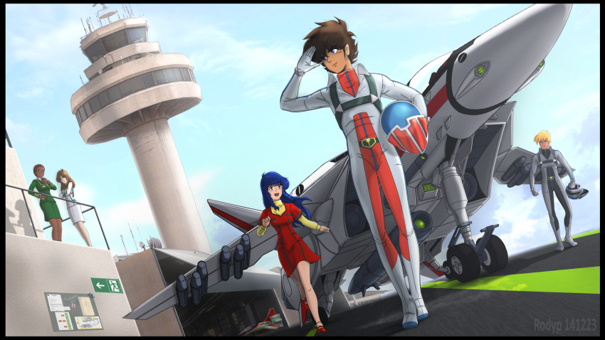 2boys 3girls afro aircraft alternate_universe blonde_hair blue_sky boots building choujikuu_yousai_macross claudia_lasalle control_tower dark_skin door dress dutch_angle fake_screenshot fan_racer good_end gunpod hangar hayase_misa helmet highres ichijou_hikaru landing_gear long_hair lynn_minmay macross military military_base missile mullet multiple_boys multiple_girls officer pilot_suit radio_antenna robotech rodypaxten roy_focker salute science_fiction shadow short_hair sideburns skirt sky sliding_doors spacesuit tire u.n._spacy uniform unworn_headwear unworn_helmet variable_fighter vf-1 vf-1j when_you_see_it