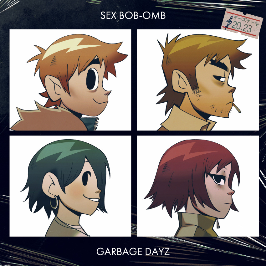 2boys 2girls absurdres album_cover album_cover_redraw artist_name bags_under_eyes beard_stubble black_background black_eyes black_hair blush bob_cut brown_hair cellophane cigarette closed_mouth collared_shirt commentary cover currycheesecake demon_days_(gorillaz) derivative_work earrings english_commentary english_text expressionless facial_hair fake_cover freckles from_side frown fur-trimmed_jacket fur_trim gorillaz green_jacket grin hair_behind_ear highres hoop_earrings jacket jewelry kim_pine knives_chau light_blush looking_to_the_side mandarin_collar mouth_hold multiple_boys multiple_girls necklace parody parted_lips pendant price_tag profile red_hair scott_pilgrim scott_pilgrim_(series) scott_pilgrim_takes_off shirt short_hair sideburns smile smoking stephen_stills stubble style_parody t-shirt thick_eyebrows title track_jacket white_shirt zipper_pull_tab