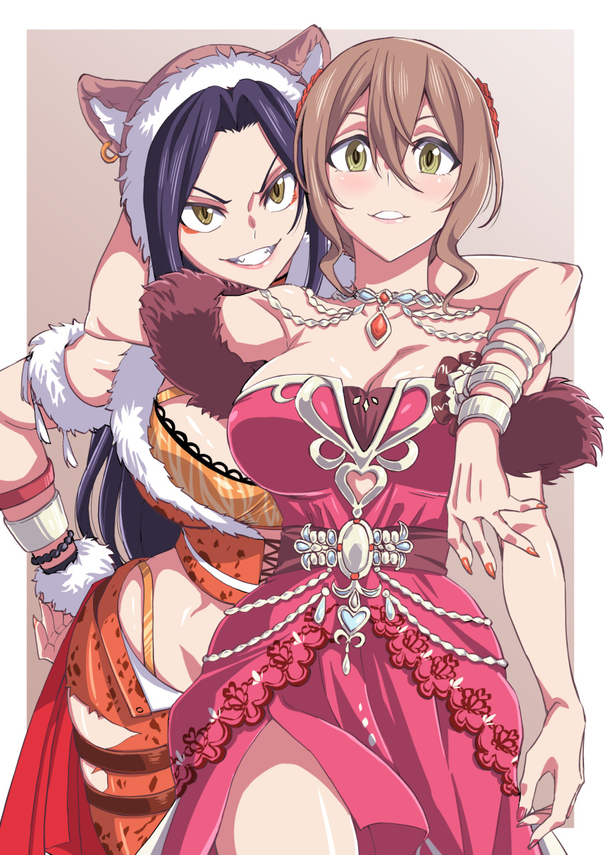 2girls bare_shoulders black_hair blush bracelet breasts brown_eyes brown_hair cleavage collarbone dress green_eyes highres idolmaster idolmaster_cinderella_girls jewelry kimura_natsuki large_breasts looking_at_viewer mukai_takumi multiple_girls natsumi_chorisuke off-shoulder_dress off_shoulder parted_lips red_dress short_hair smile teeth