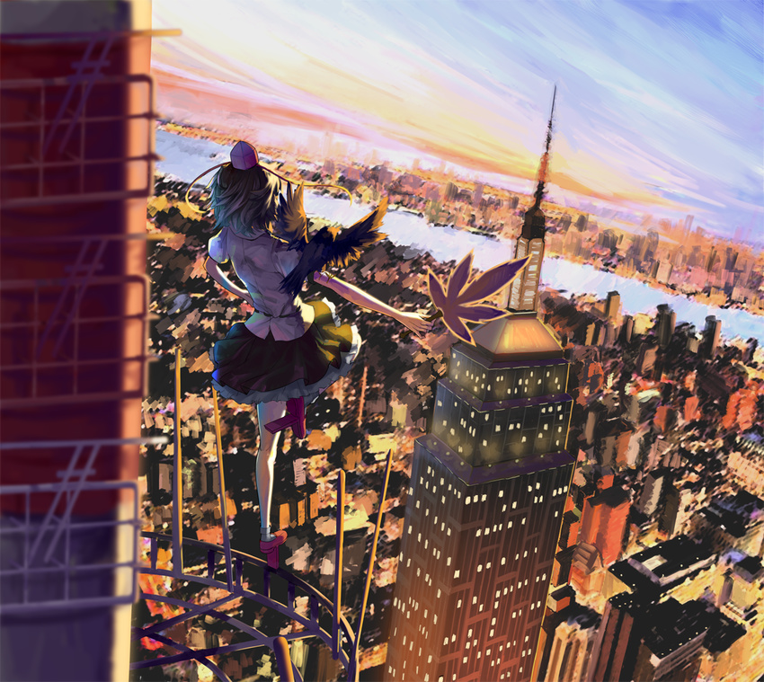 bird building city crow fan geta hat hat_ribbon hauchiwa orangec ribbon river shameimaru_aya shirt skirt sky skyscraper solo standing standing_on_one_leg tengu tokin_hat touhou