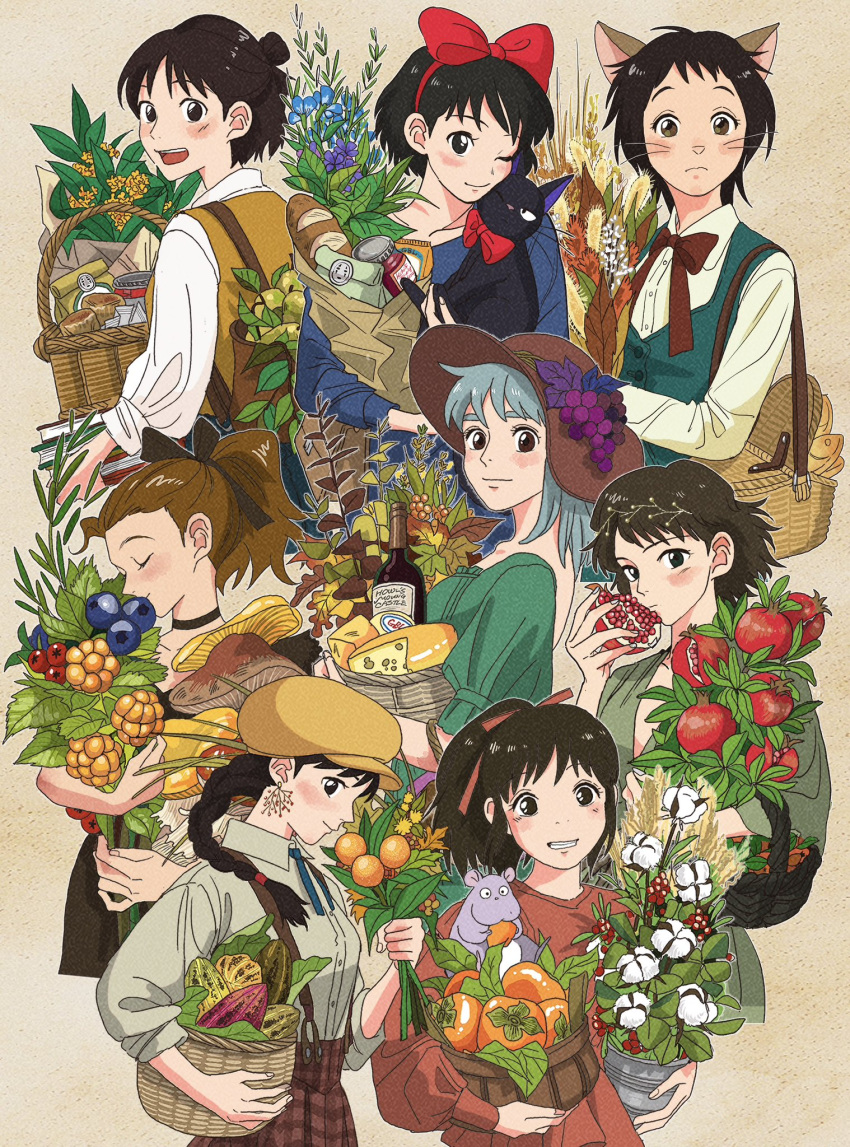 6+girls :d aged_up animal animal_ears arrietty autumn_leaves backpack bag baguette basket berry black_bow black_cat black_dress black_hair black_shorts blue_dress blue_ribbon blue_skirt blue_vest blush book book_stack bottle bou_(sen_to_chihiro_no_kamikakushi) bouquet bow bowtie braid braided_ponytail bread breasts brown_background brown_eyes brown_hair burger cacao_fruit cameo can carrying carrying_under_arm casual cat cat_ears cat_girl character_print choker closed_mouth clothed_animal collarbone collared_shirt company_connection cowboy_shot crossover denim dress dress_shirt earrings eating eyelashes fish flower flower_pot food from_behind from_side fruit fruit_hat_ornament grape_hat_ornament green_dress grey_hair grin grocery_bag hair_bow hair_bun hair_ribbon hairband half_updo hand_up handbag hat head_wreath highres holding holding_animal holding_bag holding_basket holding_book holding_bouquet holding_flower_pot holding_food holding_fruit howl_no_ugoku_shiro inset jam jeans jewelry jiji_(majo_no_takkyuubin) kaonashi karigurashi_no_arrietty kiki_(majo_no_takkyuubin) kissing_object leaf leaf_hat_ornament long_hair long_sleeves looking_at_another looking_at_viewer looking_to_the_side majo_no_takkyuubin mononoke_hime mouse multiple_crossover multiple_girls mushroom neck_ribbon neko_no_ongaeshi ogino_chihiro one_eye_closed open_mouth orange_(fruit) pants paper_bag persimmon plaid plaid_skirt plant plunging_neckline pomegranate ponytail potted_plant profile puffy_long_sleeves puffy_short_sleeves puffy_sleeves red_bow red_bowtie red_ribbon red_shirt ribbon rikaco1988 san_(mononoke_hime) sen_to_chihiro_no_kamikakushi sheeta shirt shirt_tucked_in shopping_bag short_hair short_sleeves shorts sideways_glance single_braid single_hair_bun skirt skirt_set smile snout sophie_(howl_no_ugoku_shiro) studio_ghibli sun_hat suspender_skirt suspenders tenkuu_no_shiro_laputa vest wheat whiskers white_flower white_shirt wine_bottle yellow_flower yellow_headwear yellow_vest yoshioka_haru