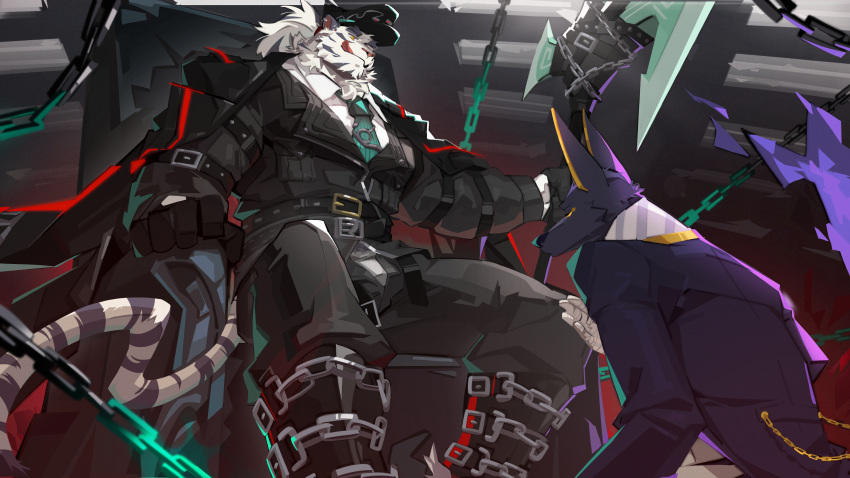 2boys absurdres animal_ears axe bandaged_hand bandages bara black_coat black_gloves black_headwear black_pants black_suit bulge chain chinese_commentary closed_eyes coat dislyte drew_(anubis)_(dislyte) ear_piercing earrings facing_another furry furry_male gloves green_necktie hand_on_own_chest highres holding holding_axe holding_polearm holding_weapon jackal_boy jackal_ears jewelry jin_qiu_(ru_shou)_(dislyte) kneeling licking_lips looking_at_another male_focus multiple_boys necktie on_chair pants piercing polearm ponytail purple_suit shirt single_earring sitting suit tail tiger_boy tiger_ears tiger_stripes tiger_tail tongue tongue_out unzipped weapon white_shirt whowoe yellow_eyes