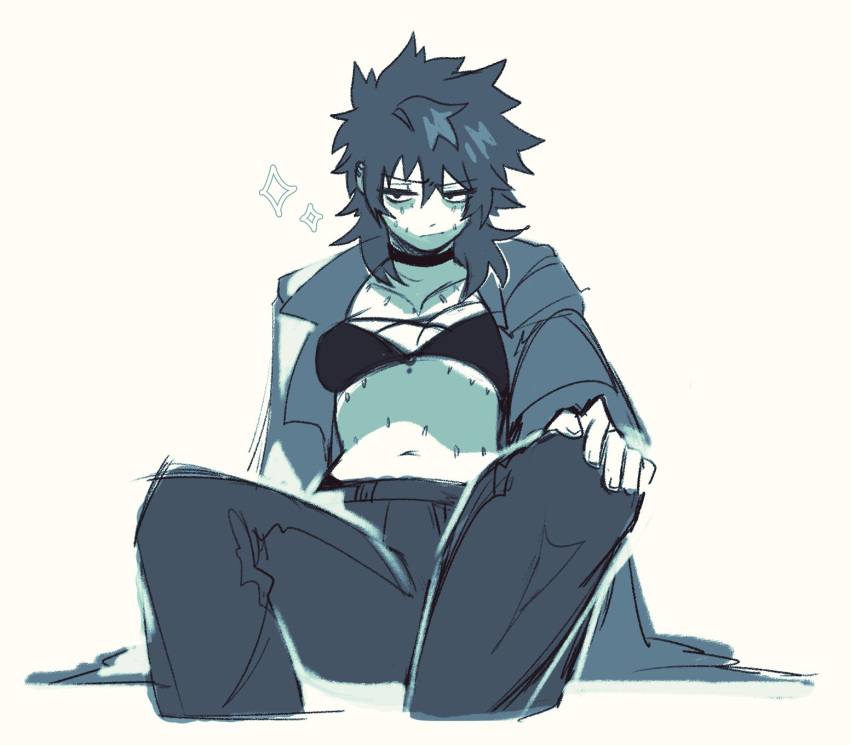 1girl boku_no_hero_academia bra breasts burn_scar buttonheart closed_mouth coat dabi_(boku_no_hero_academia) hand_on_own_knee highres medium_breasts messy_hair midriff monochrome navel open_clothes open_coat pants scar simple_background sitting sparkle stapled stitches underwear white_background