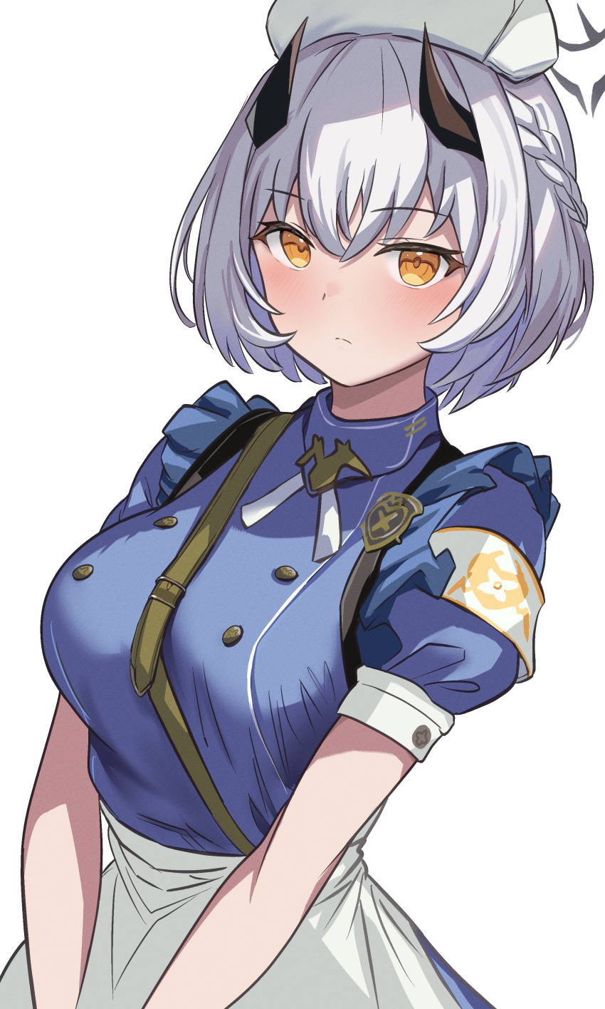 1girl absurdres belt black_halo black_horns blue_archive blue_shirt blush braid breasts brown_belt closed_mouth halo hat highres horns looking_at_viewer metsu_end puffy_short_sleeves puffy_sleeves sena_(blue_archive) shirt short_hair short_sleeves solo white_hair white_headwear yellow_eyes