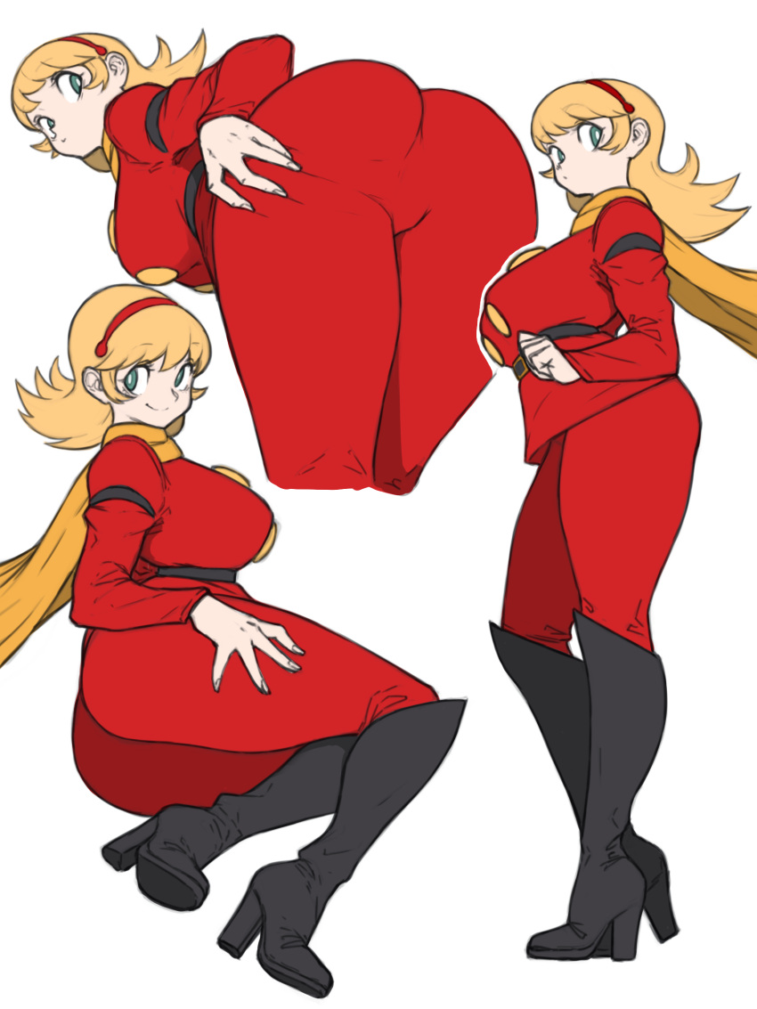 1girl absurdres ass belt blonde_hair boots breasts closed_mouth cyborg cyborg_009 francoise_arnoul full_body green_eyes hairband highres large_breasts long_hair looking_at_viewer scarf simple_background smile solo toshinoshin white_background