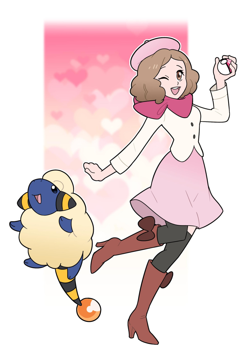 1girl absurdres beret boots brown_footwear brown_hair commission crossover full_body hat heart highres holding holding_poke_ball horns love_ball mareep okumura_haru one_eye_closed persona persona_5 pink_headwear poke_ball pokemon pokemon_(creature) tail vergolophus