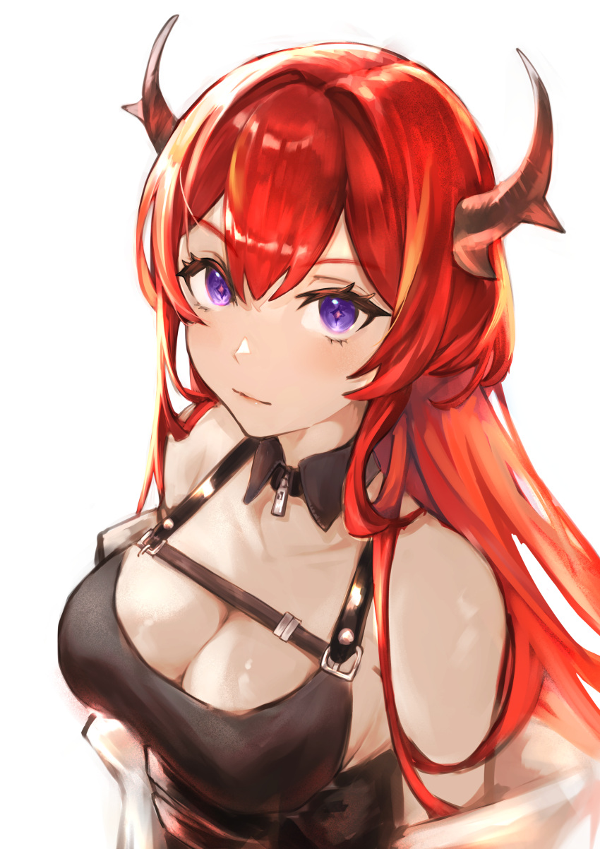 1girl absurdres arknights breasts cleavage closed_mouth demon_girl demon_horns hair_between_eyes highres horns light_blush light_smile long_hair looking_at_viewer medium_breasts nananashi purple_eyes red_hair shiny_skin sideboob sleeveless smile solo surtr_(arknights) upper_body white_background