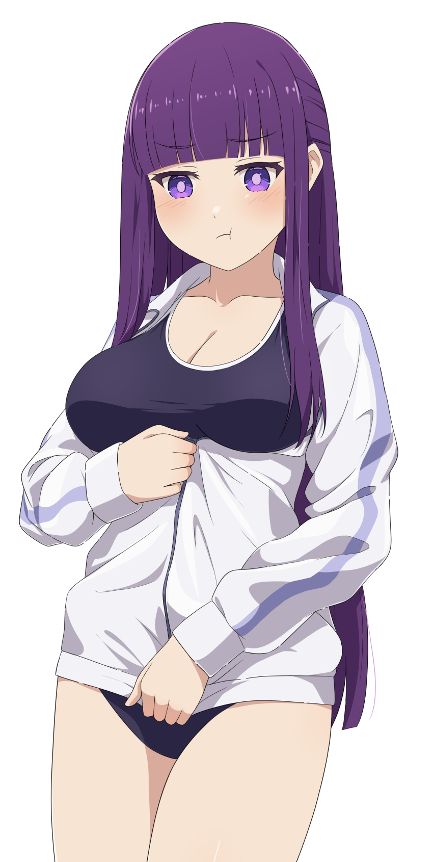 1girl absurdres blue_one-piece_swimsuit blush breasts camui1104 cleavage commentary_request fern_(sousou_no_frieren) highres jacket large_breasts long_hair looking_down one-piece_swimsuit partially_unzipped pout purple_eyes purple_hair school_swimsuit simple_background solo sousou_no_frieren swimsuit track_jacket very_long_hair white_background