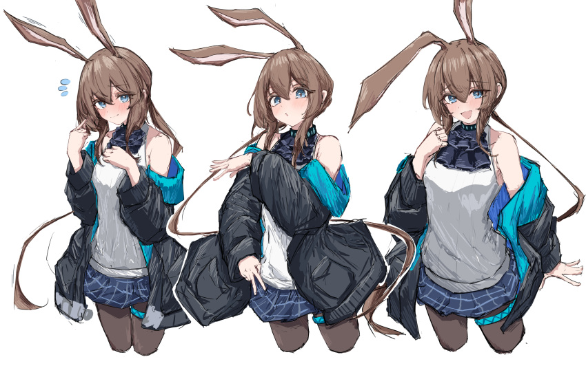 1girl :d :o \||/ absurdres amiya_(arknights) animal_ears arknights armpit_crease ascot bare_shoulders black_jacket blue_ascot blue_collar blue_eyes blue_skirt blush breasts brown_hair brown_pantyhose clenched_hand closed_mouth clothes_down collar collarbone commentary cowboy_shot cropped_legs extra_ears floating_clothes floating_hair flying_sweatdrops furrowed_brow hair_between_eyes hair_twirling hand_on_own_chest hand_up hands_up happy highres infection_monitor_(arknights) jacket legs_apart legs_together light_blush light_smile long_hair long_sleeves looking_at_viewer medium_breasts miniskirt multiple_views nervous off_shoulder open_clothes open_jacket open_mouth outstretched_hand pantyhose parted_lips plaid plaid_skirt pocket ponytail rabbit_ears rabbit_girl raised_eyebrows ribbed_sweater shadow sidelocks simple_background skirt sleeveless sleeveless_sweater smile standing sweater thighlet tobildesu trembling two-sided_fabric two-sided_jacket v very_long_hair white_background white_sweater wide_sleeves