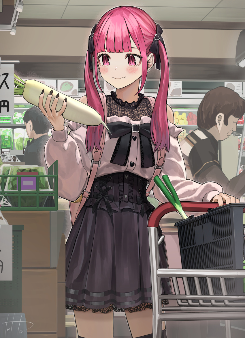 1girl 2boys absurdres artist_name black_bow black_nails black_skirt black_thighhighs blush bow buttons closed_mouth fang fingernails food highres hinamizawa_hinami holding holding_food holding_vegetable indoors long_hair long_sleeves multiple_boys nail_polish original pink_eyes pink_hair pink_shirt pleated_skirt puffy_long_sleeves puffy_sleeves radish shirt shopping_cart signature skin_fang skirt spring_onion supermarket tetto_(onnoveltet) thighhighs twintails vegetable
