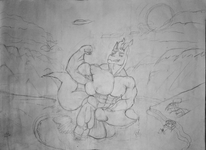 abs absurd_res anthro balls biceps big_balls big_penis cloud detailed_background dragon erection genitals hi_res horn knot lake macro male monochrome muscular muscular_anthro muscular_male nipples no_wings nude outside pecs penis scalie sketch sky smile solo solo_focus tail tiotiored traditional_media_(artwork) water wet wingless_dragon