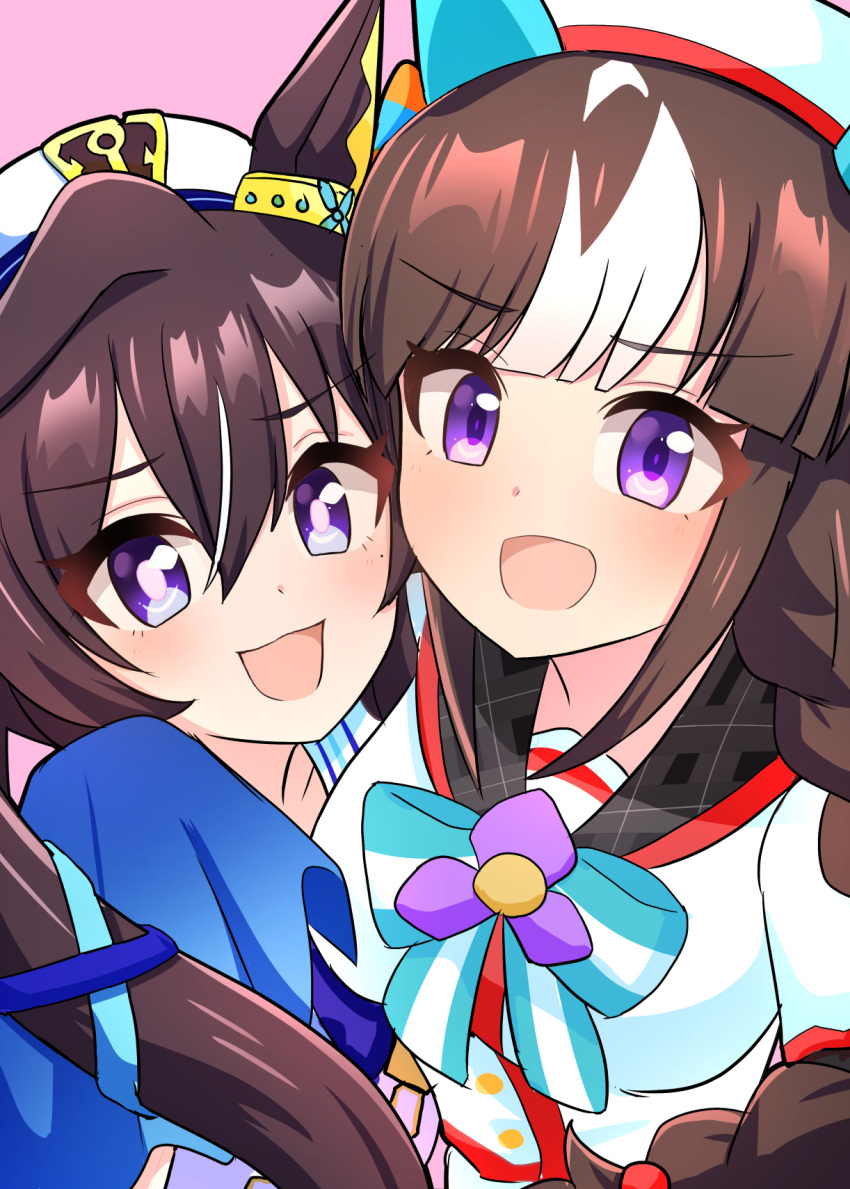 2girls animal_ears blue_eyes blue_shirt blush bow braid breasts commentary_request ear_covers hair_between_eyes highres hokko_tarumae_(umamusume) horse_ears horse_girl jacket long_hair long_sleeves looking_at_viewer medium_breasts multicolored_hair multiple_girls open_mouth purple_eyes shirt single_ear_cover smile streaked_hair striped_bow twin_braids twintails umamusume upper_body vivlos_(umamusume) white_hair white_headwear white_jacket whitelily_bread