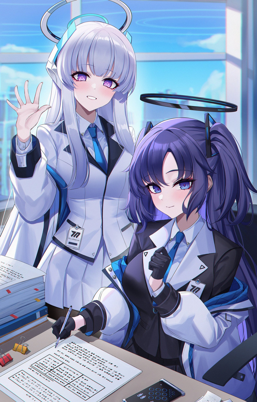 2girls absurdres bad_id bad_twitter_id black_gloves blue_archive blue_necktie blush breasts closed_mouth collared_shirt eternity_(shadeh) gloves grey_hair grin halo highres holding holding_pen indoors jacket large_breasts long_hair long_sleeves mechanical_halo multiple_girls necktie noa_(blue_archive) paper pen pleated_skirt purple_eyes purple_hair shirt skirt smile two-sided_fabric two-sided_jacket two_side_up white_jacket white_shirt white_skirt window yuuka_(blue_archive)