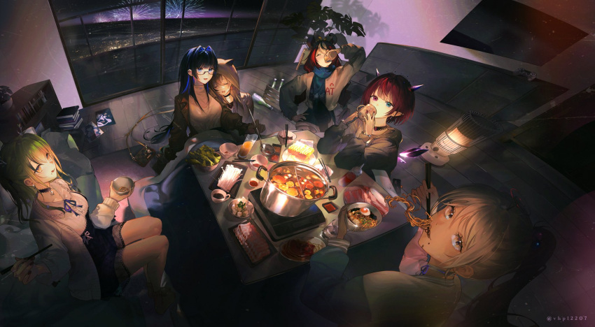 6+girls alternate_costume alternate_hair_length alternate_hairstyle animal_ears blep blue_eyes blue_hair blue_scarf blush bowl brown_coat ceres_fauna ceres_fauna_(jirai_kei) choker chopsticks city_lights closed_eyes coat controller couch cup dark-skinned_female dark_skin drinking fireworks food from_above full_body game_controller glasses green_hair hair_intakes hakos_baelz halo hand_on_own_hip heater heterochromia high_ponytail highres holding holding_bowl holding_chopsticks holding_cup holding_ladle holocouncil hololive hololive_english hood hood_up horns hotpot interior irys_(hololive) kotatsu ladle leaning_on_person light_particles long_hair looking_at_viewer mole mole_under_mouth mouse_ears mouse_girl multiple_girls nanashi_mumei night night_sky noodles on_couch ouro_kronii ouro_kronii_(casual) pile_of_books pink_eyes plant pointy_ears potted_plant ramen red_hair scarf shadow short_hair sitting sky sweater table tsukumo_sana twitter_username upper_body virtual_youtuber white_hair white_sweater wooden_floor yellow_eyes