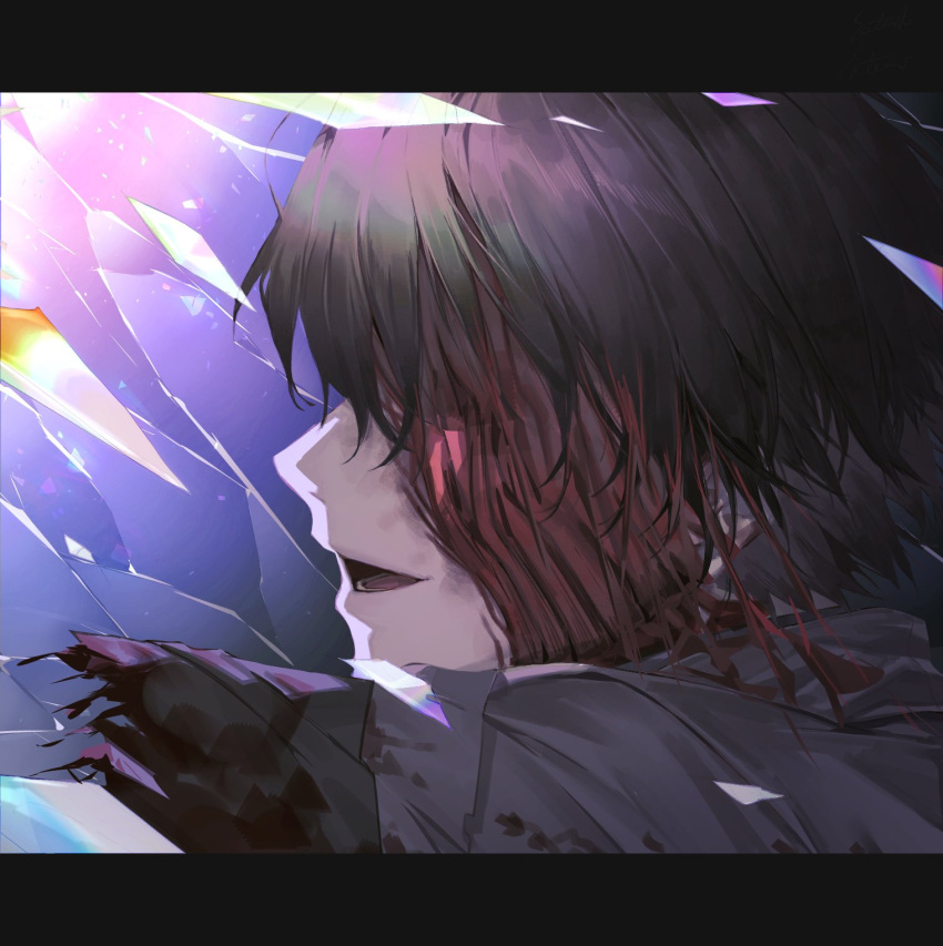 1boy black_coat blindfold blood blood_on_clothes close-up coat coat_on_shoulders facing_to_the_side flesh glass_shards happy highres limbus_company open_mouth portrait project_moon satome_setsuko smile solo yi_sang_(project_moon)