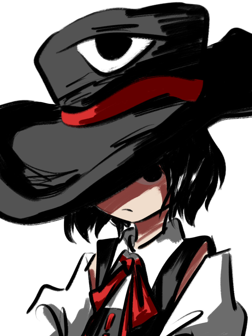 1other androgynous baila_kuangzi black_eyes black_hair black_headwear black_vest chinese_commentary closed_mouth collared_shirt commentary_request detached_sleeves enraku_tsubakura frown hat hat_over_one_eye highres len'en neck_ribbon other_focus portrait red_ribbon ribbon shirt short_hair simple_background sleeveless sleeveless_shirt solo vest white_background white_sleeves