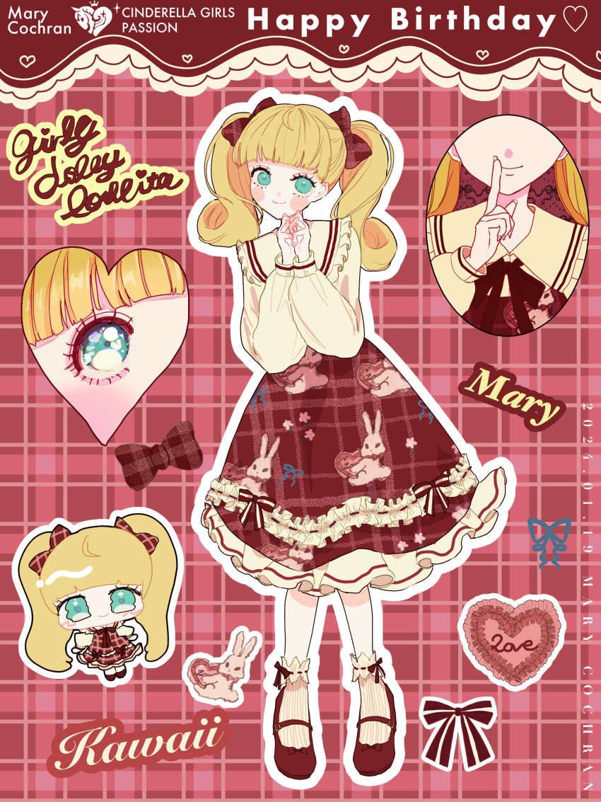 1girl absurdres alternate_costume animal_print birthday blonde_hair blue_ribbon blunt_bangs blush blush_stickers bow bowtie buttons character_name chibi child clenched_hands closed_mouth collar collared_dress commentary_request cursive dated dot_nose dress english_text eyelashes finger_to_mouth fingernails floral_print floral_print_dress footwear_bow frilled_collar frilled_dress frilled_socks frills full_body green_hair hair_bow hand_up hands_up happy_birthday head_tilt heart highres holding holding_heart idolmaster idolmaster_cinderella_girls knees_together_feet_apart long_sleeves looking_at_viewer mary_cochran mary_janes medium_bangs medium_hair multiple_views neck_ribbon no_nose own_hands_together pink_bow pink_bowtie plaid plaid_background plaid_bow plaid_dress pointing pointing_up puffy_long_sleeves puffy_sleeves rabbit red_background red_bow red_dress red_footwear red_ribbon red_trim ribbon ribbon-trimmed_socks shoes sleeve_cuffs smile socks solo standing straight-on striped_clothes striped_socks twintails ucwwucwww vertical-striped_clothes vertical-striped_socks wavy_eyes white_socks