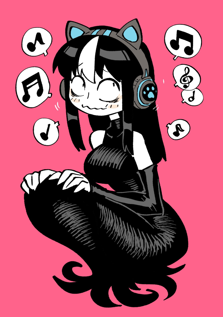 1girl animal_ear_headphones animal_ears bare_shoulders black_dress black_hair breasts cat_ear_headphones cat_ears dress elbow_gloves fake_animal_ears fingerless_gloves gloves hand_on_own_knee headphones highres large_breasts limited_palette long_dress medium_breasts multicolored_hair musical_note noss_&amp;_zakuro noss_(rariatto) pink_background rariatto_(ganguri) solo spoken_musical_note streaked_hair vampire wavy_mouth white_hair