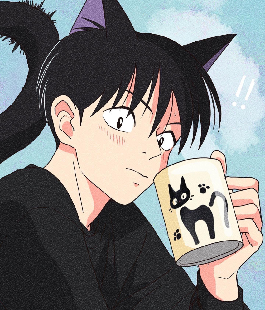! !! 1boy animal_ears black_hair black_shirt blue_background cat_boy cat_ears cat_tail character_print closed_mouth cup from_side hand_up highres holding holding_cup jiji_(majo_no_takkyuubin) long_sleeves looking_to_the_side majo_no_takkyuubin male_focus mug personification print_mug rikaco1988 shirt short_hair solo tail tail_raised upper_body