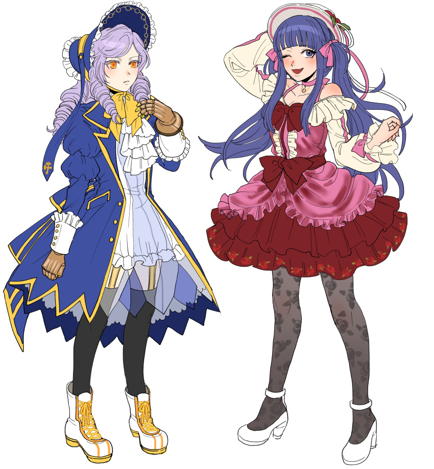 2girls absurdres adapted_costume alternate_costume ascot bare_shoulders black_thighhighs blue_coat blue_eyes blue_hair blunt_bangs blush boots bow breasts buttons choker cleavage closed_mouth coat collarbone dlanor_a._knox dress drill_hair expressionless floral_print flower frilled_sleeves frills full_body furudo_erika garter_straps gauntlets hair_ornament hat headdress high_heels highres holding holding_clothes holding_hat knee_boots kuya_(hey36253625) layered_dress long_hair long_sleeves looking_at_viewer multiple_girls one_eye_closed open_mouth orange_eyes pantyhose parted_bangs patterned_legwear pink_bow pink_dress print_pantyhose puffy_long_sleeves puffy_sleeves purple_hair red_bow ribbon rose see-through sidelocks simple_background smile standing thighhighs twintails umineko_no_naku_koro_ni white_background yellow_bow