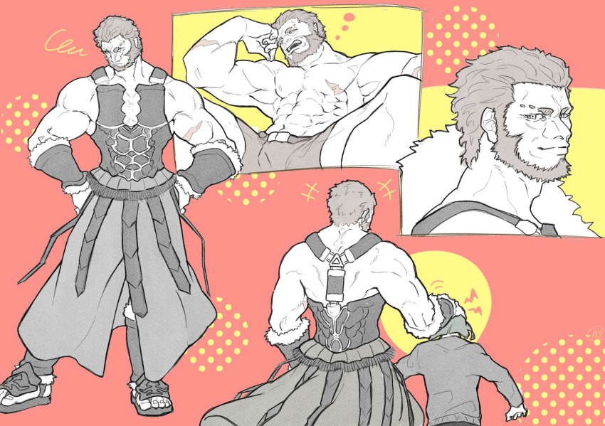 2boys bara beard bulge facial_hair fate/grand_order fate_(series) full_beard full_body greco-roman_clothes greyscale_with_colored_background headpat height_difference highres iskandar_(fate) karasu_18-go looking_at_viewer looking_to_the_side male_focus mature_male multiple_boys muscular muscular_male pectoral_cleavage pectorals red_hair scar short_hair short_shorts shorts sleeping spread_legs squeans standing thick_beard thick_eyebrows topless_male waver_velvet