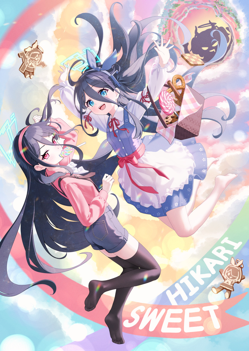 &lt;key&gt;_(blue_archive) 2girls absurdly_long_hair absurdres ahoge apron aris_(blue_archive) arona_(blue_archive) barefoot basket black_hair black_shorts black_thighhighs blue_archive blue_dress blue_eyes blue_hairband blue_halo blush candy collared_shirt commentary cookie dress food frilled_apron frills gingerbread_man hairband halo highres lollipop long_hair long_sleeves mouth_hold multiple_girls open_mouth pinafore_dress pink_hairband pink_shirt plana_(blue_archive) red_eyes revision ringed_eyes shirt shorts sleeveless sleeveless_dress smile supersugar thighhighs very_long_hair white_apron white_shirt yuuka_(blue_archive)