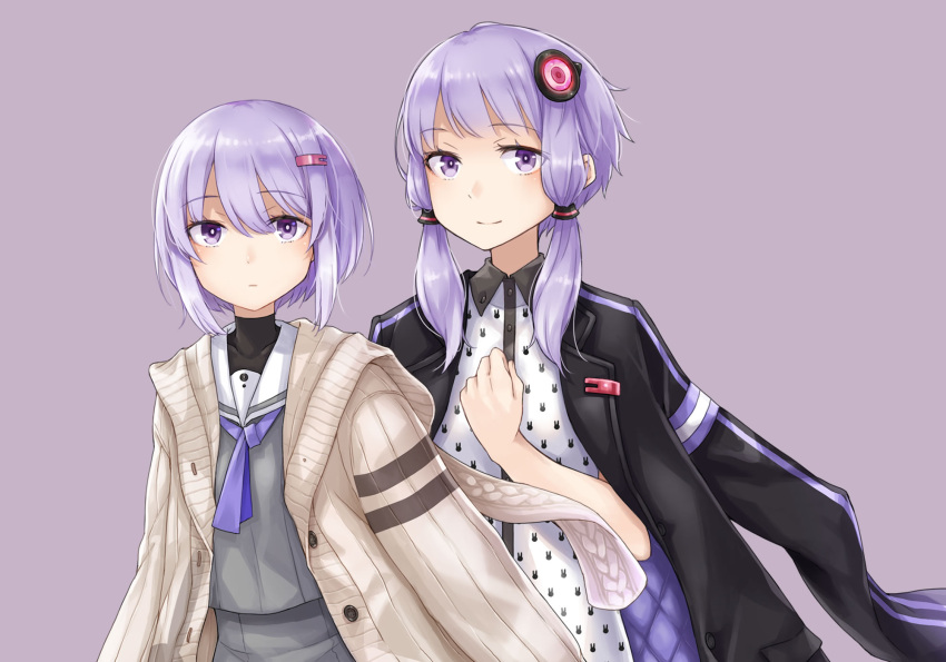 2girls a.i._voice animal_print ayakura_juu black_jacket cardigan closed_mouth collared_shirt curled_fingers double-parted_bangs dual_persona expressionless eyelashes floating_clothes grey_serafuku hair_between_eyes hair_ornament hair_tie hairclip hand_up highres jacket jacket_on_shoulders long_sleeves looking_at_viewer low-tied_sidelocks medium_hair multiple_girls neck_ribbon official_art open_cardigan open_clothes purple_background purple_eyes purple_hair purple_ribbon quilted_jacket rabbit_print ribbon sailor_collar school_uniform serafuku shirt short_hair sidelocks simple_background smile two-sided_fabric two-sided_jacket vocaloid voiceroid white_cardigan white_sailor_collar white_shirt yuzuki_yukari yuzuki_yukari_(a.i._voice) yuzuki_yukari_(shizuku)
