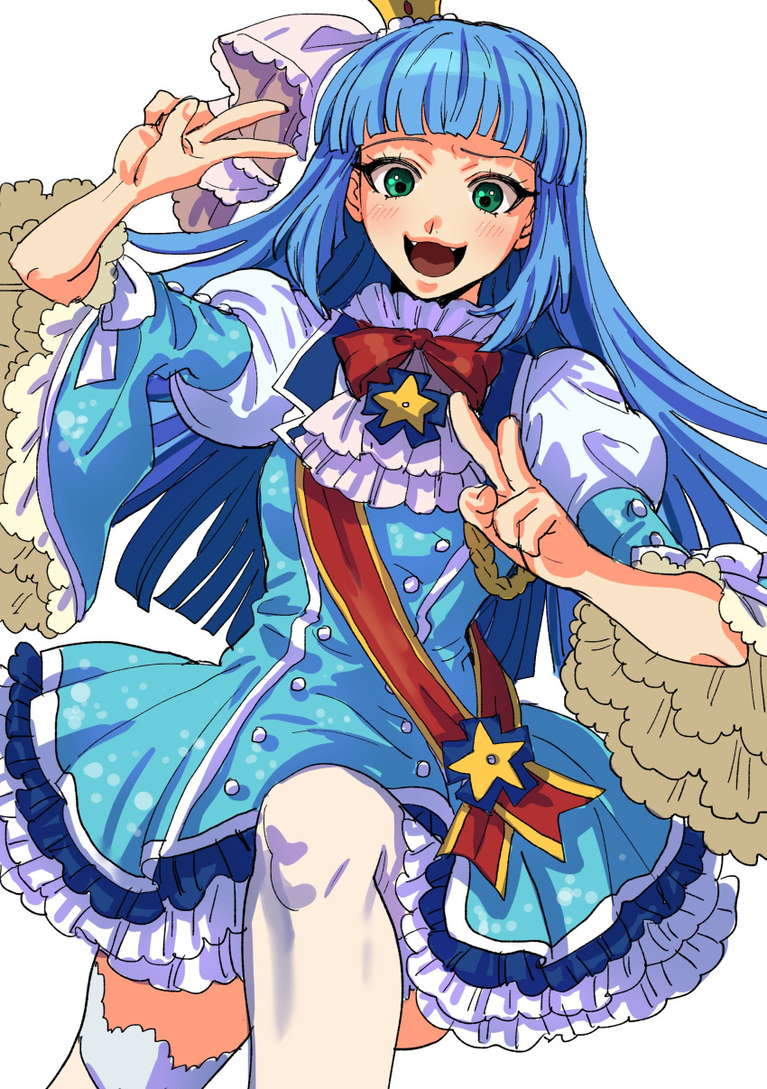 1girl absurdres ascot blue_dress blue_hair blunt_ends blush bow breasts buttons crown dress fangs frilled_ascot frilled_dress frilled_sleeves frills green_eyes hat highres hime_cut kuya_(hey36253625) long_hair long_sleeves looking_at_viewer medium_breasts mini_crown open_mouth piece_(umineko) puffy_long_sleeves puffy_sleeves raised_eyebrow red_bow sash shoulder_sash smile solo thighhighs tilted_headwear umineko_no_naku_koro_ni v wavy_mouth white_background white_thighhighs wide_sleeves