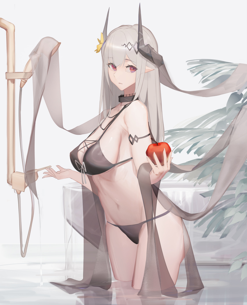 1girl absurdres apple arknights bathing bikini black_bikini black_collar black_horns breasts collar commentary cowboy_shot food fruit grey_background grey_hair highres holding holding_food holding_fruit horns long_hair looking_at_viewer medium_breasts mudrock_(arknights) navel palm_leaf parted_lips partially_submerged pointy_ears red_eyes shower_head sideboob sin9 solo standing swimsuit symbol-only_commentary thighs water