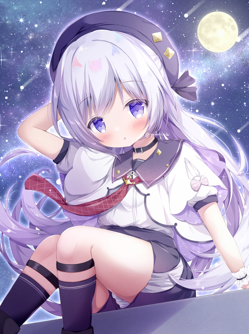 1boy :o absurdres beret character_request commission copyright_request full_moon grey_hair hat highres kneehighs long_hair moon otoko_no_ko purple_eyes purple_headwear purple_socks short_sleeves skeb_commission socks star_(sky) virtual_youtuber white_hair yuduki_pdx