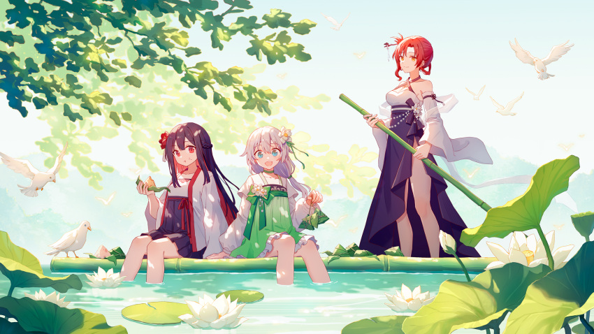 3girls :d :t bamboo bamboo_shoot bare_legs benghuai_xueyuan bird black_hair blue_eyes bow breasts character_request closed_mouth colored_inner_hair dappled_sunlight day detached_sleeves dove dress eating flat_chest flower flying food food_on_face frilled_dress frills green_bow green_dress hair_flower hair_ornament hair_stick highres holding holding_bamboo_shoot holding_food honkai_(series) lily_pad long_hair long_sleeves looking_at_viewer lotus lotus_leaf medium_breasts mimengfeixue multicolored_hair multiple_girls outdoors plant red_eyes red_hair short_hair sitting small_breasts smile standing sunlight tree two-tone_hair water white_bird white_dress white_hair white_sleeves yellow_eyes