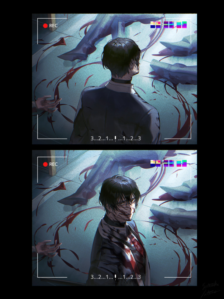 1boy black_eyes black_hair black_kimono black_vest blood_on_ground camera_feed collared_shirt disembodied_limb dismemberment highres japanese_clothes kimono limbus_company looking_at_viewer multiple_views necktie open_clothes open_kimono project_moon red_necktie satome_setsuko shirt vest viewfinder white_shirt yi_sang_(project_moon)