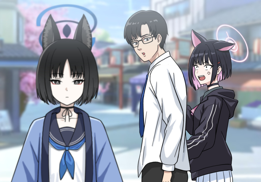 1boy 2girls anger_vein animal_ears bare_shoulders black-framed_eyewear black_choker black_eyes black_hair black_jacket black_pants blue_archive blue_halo blue_neckerchief blue_necktie blue_sailor_collar blurry blurry_background bob_cut bruce8763 cat_ears cat_girl choker closed_mouth collarbone colored_inner_hair commentary_request depth_of_field distracted_boyfriend_(meme) extra_ears fang game_screenshot_background glasses hair_ornament hairclip halo haori happi highres hood hooded_jacket jacket japanese_clothes kazusa_(blue_archive) kikyou_(blue_archive) long_sleeves looking_at_another meme multicolored_hair multiple_girls neckerchief necktie open_mouth outdoors pants parted_bangs pink_hair pink_neckerchief pleated_skirt problem_solver_sensei_(blue_archive) sailor_collar school_uniform sensei_(blue_archive) serafuku shirt short_hair sidelocks skirt two-tone_hair upper_body v-shaped_eyebrows white_shirt white_skirt