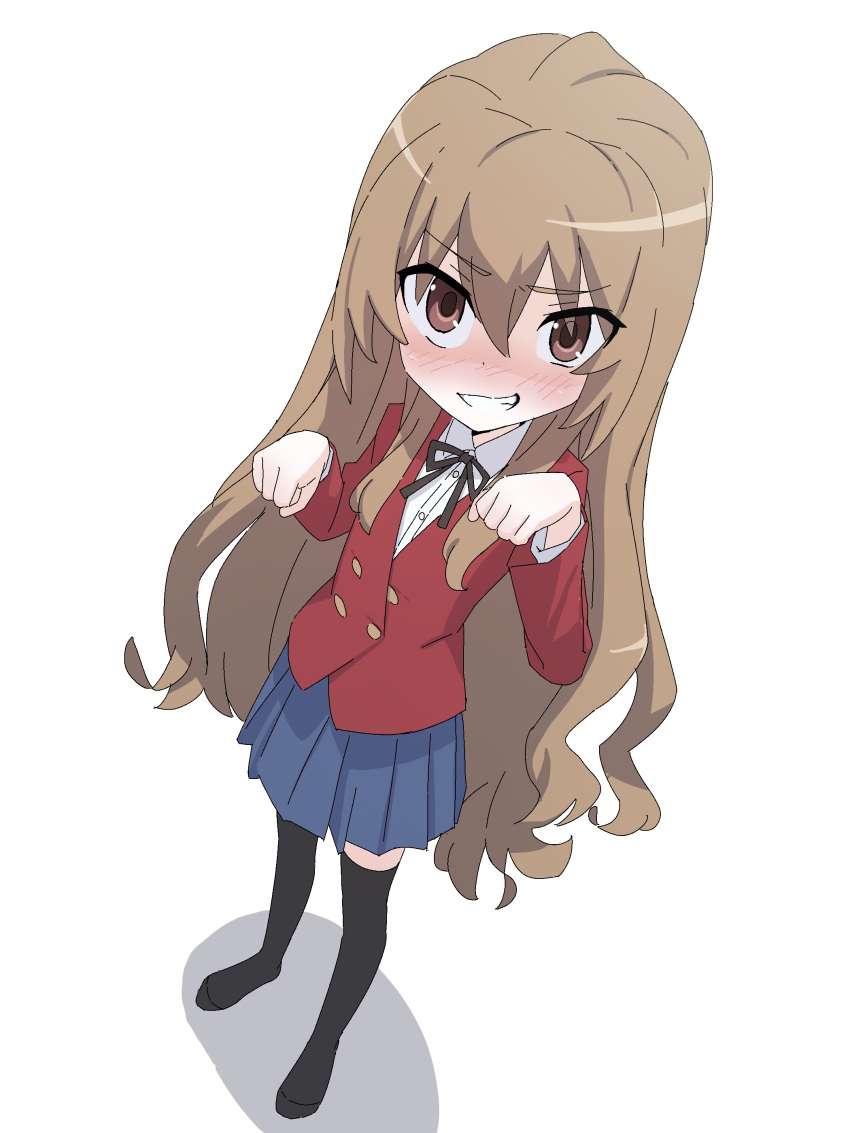 1girl absurdres aisaka_taiga black_ribbon black_thighhighs blazer blue_skirt blush brown_eyes brown_hair buttons clenched_teeth collared_shirt commentary_request double-breasted from_above from_side full_body grin hair_between_eyes hands_up highres jacket long_hair long_sleeves looking_at_viewer neck_ribbon oohashi_high_school_uniform paw_pose pleated_skirt red_jacket ribbon school_uniform shimotsu. shirt simple_background skirt smile solo standing teeth thighhighs toradora! very_long_hair white_background