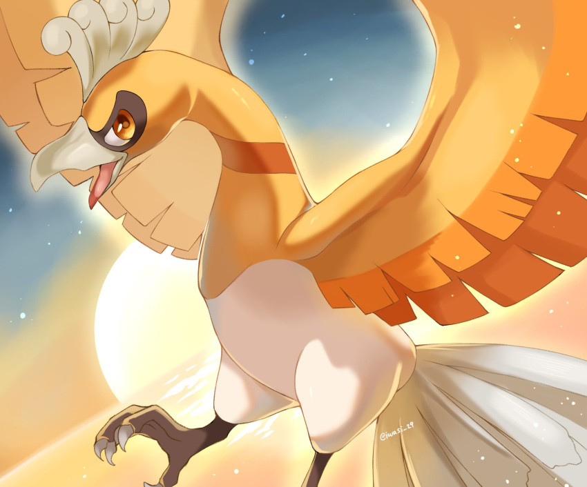 alternate_color animal_focus artist_name beak bird_tail commentary_request dawn feathered_wings floating highres ho-oh horizon iwasi_29 night night_sky no_humans open_mouth orange_eyes orange_feathers pokemon pokemon_(creature) shiny_pokemon sky star_(sky) sun tail talons twitter_username water wings