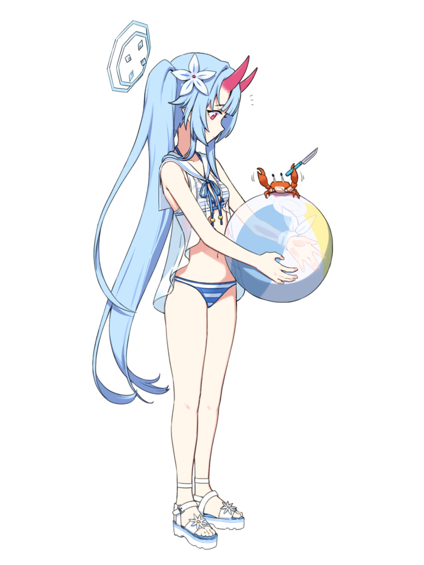 1girl animal artpatient ball beachball bikini blue_archive blue_eyes blue_hair blue_halo breasts chise_(blue_archive) chise_(swimsuit)_(blue_archive) crab flower full_body hair_flower hair_ornament halo highres holding holding_ball holding_beachball horns long_hair navel ponytail red_horns simple_background small_breasts solo striped_bikini striped_clothes swimsuit white_flower