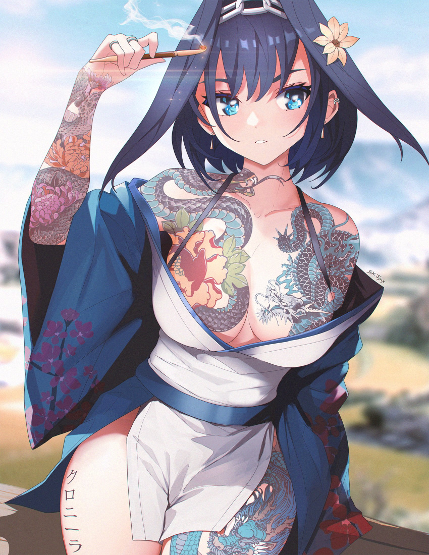 1girl alternate_costume arm_up blue_hair breasts chain_headband cleavage dragon dragon_tattoo dress eastern_dragon english_commentary floral_print flower hair_between_eyes hair_flower hair_intakes hair_ornament highres holding hololive hololive_english large_breasts looking_to_the_side ouro_kronii outdoors parted_lips short_hair sk_jynx sky solo standing tattoo upper_body virtual_youtuber yakuza