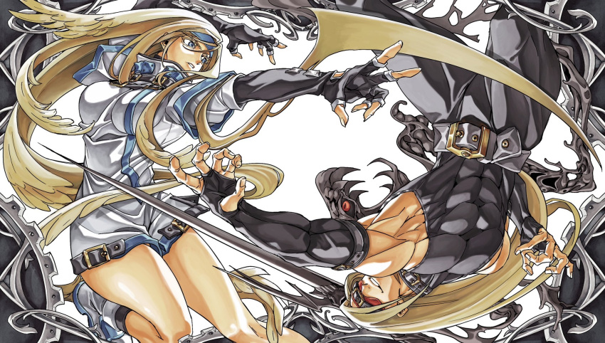 1boy 1girl abs bare_legs belt black_gloves blindfold blonde_hair blue_eyes breasts detached_sleeves dong_hole eddie_(guilty_gear) english_text gloves guilty_gear guilty_gear_x guilty_gear_xx hair_between_eyes highres large_pectorals long_hair medium_breasts millia_rage muscular muscular_male pectorals shaded_face thighs very_long_hair zato-1