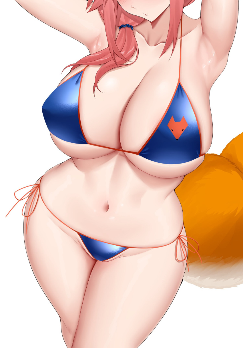 arind_yudha armpit_peek armpits arms_up bare_hips bare_legs bikini blue_bikini blush closed_mouth collarbone crossed_legs english_commentary face_cutout fate/extra fate/grand_order fate_(series) fox_girl fox_tail groin highres navel orange_tail pink_hair presenting_armpit side-tie_bikini_bottom stomach string_bikini sweat swimsuit tail tamamo_(fate) tamamo_no_mae_(fate/extra) tamamo_no_mae_(swimsuit_lancer)_(fate) tamamo_no_mae_(swimsuit_lancer)_(third_ascension)_(fate) thighs white_background wide_hips