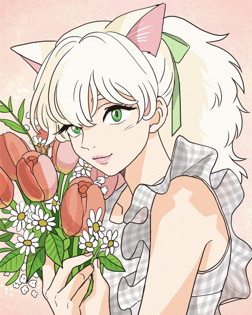 1girl animal_ears bare_shoulders bouquet cat_ears cat_girl cat_tail closed_mouth flower frills from_side green_eyes green_ribbon hair_between_eyes hands_up highres holding holding_bouquet lily_(majo_no_takkyuubin) lipstick looking_at_viewer majo_no_takkyuubin makeup nail_polish personification pink_lips pink_nails plaid plaid_shirt ponytail red_background red_flower ribbon rikaco1988 shirt simple_background sleeveless solo tail tulip upper_body whiskers white_flower white_hair