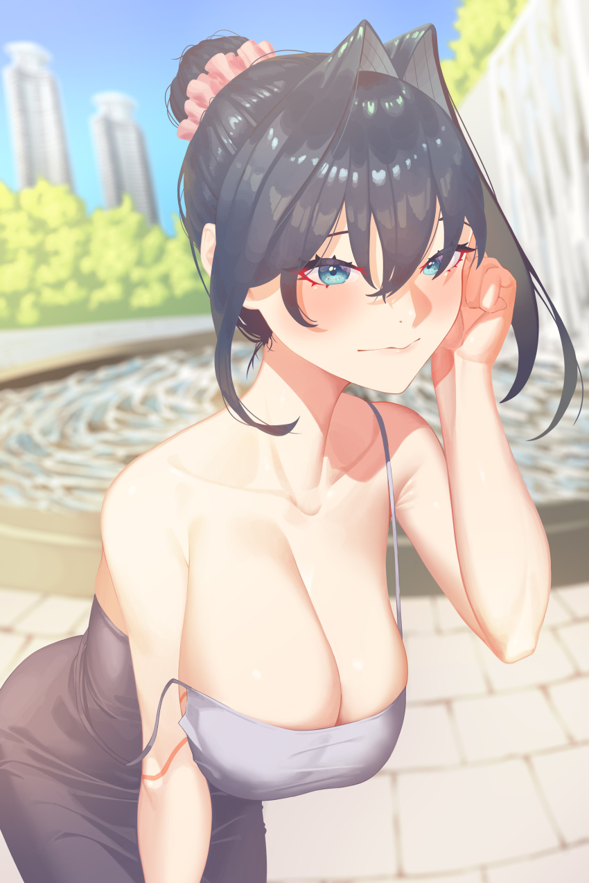 1girl absurdres bare_shoulders blue_eyes breasts building closed_mouth dongtan_dress dress grey_dress grey_hair grey_scrunchie hair_between_eyes hair_bun hair_intakes hair_ornament hair_scrunchie hand_on_own_cheek hand_on_own_face highres hololive hololive_english korea large_breasts leaning_forward looking_at_viewer meme_attire no_bra ouro_kronii outdoors scrunchie short_hair skimun skindentation solo strap_slip taut_clothes taut_dress virtual_youtuber water waterfall