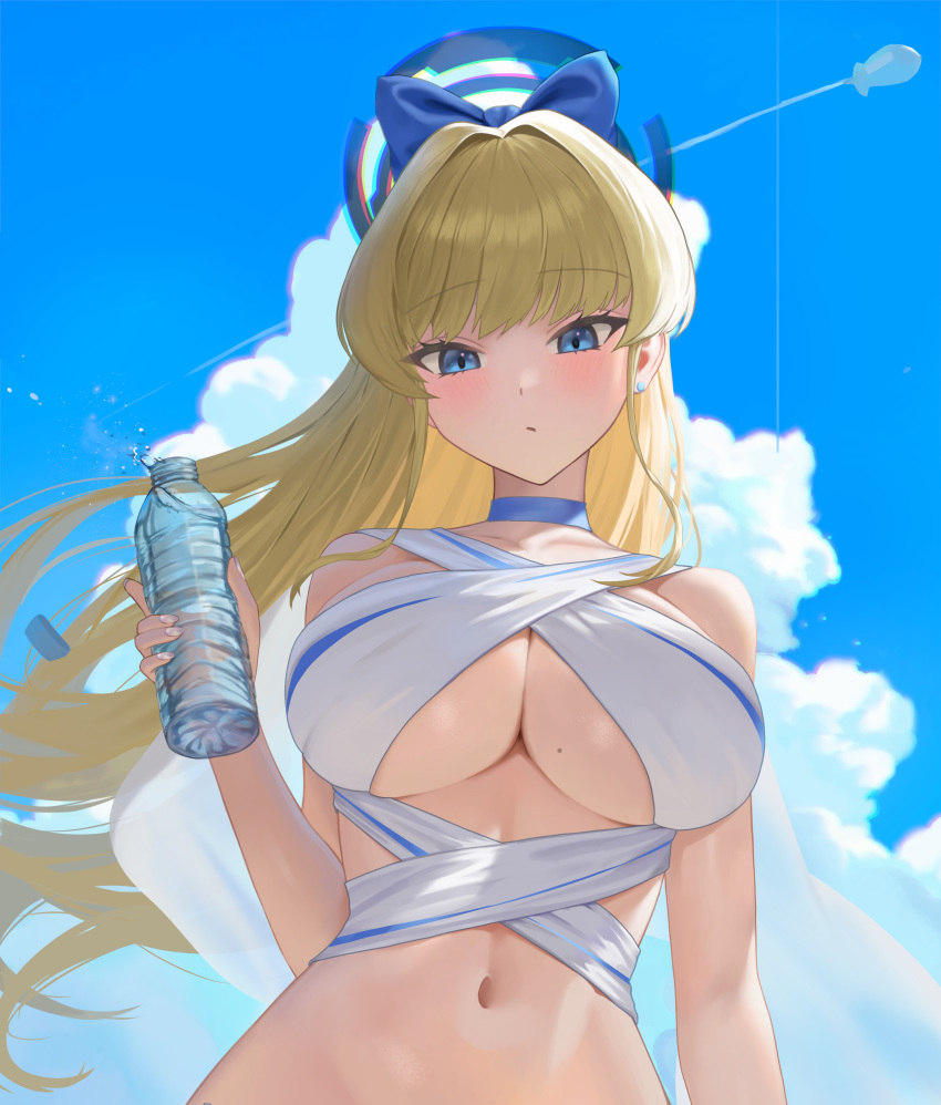 1girl absurdres alternate_breast_size aqua_bow aqua_bowtie blonde_hair blue_archive blue_halo bottle bow bowtie breasts cloud cloudy_sky day earrings expressionless halo highres jewelry large_breasts long_hair looking_at_viewer lumen_re navel outdoors sky sling_bikini_top solo stud_earrings swimsuit toki_(blue_archive) underboob water_bottle