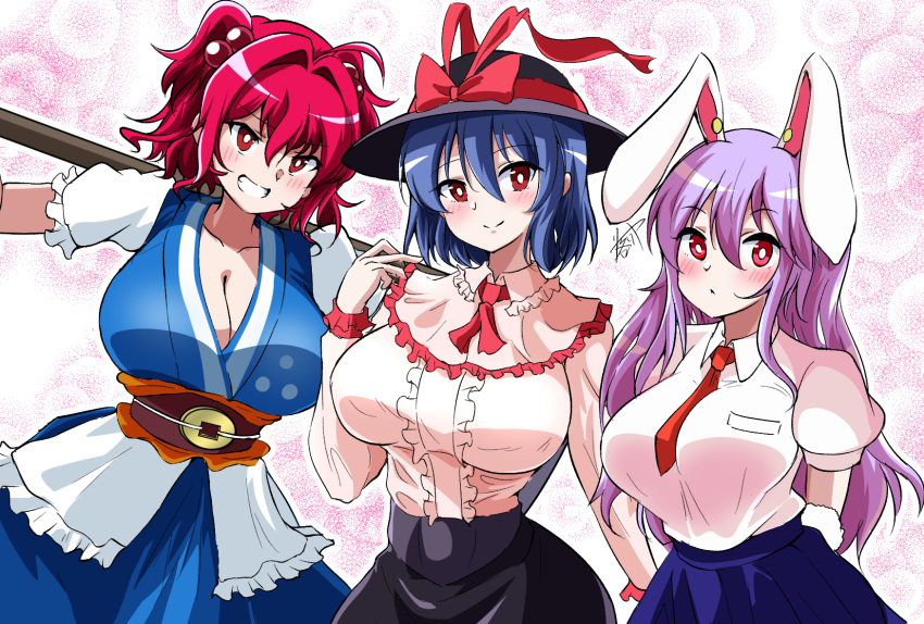3girls animal_ears black_headwear black_skirt blue_dress blush bow breasts capelet center_frills cleavage closed_mouth coin collared_shirt commentary_request dress frills hair_bobbles hair_ornament hat hat_bow highres large_breasts long_hair multiple_girls nagae_iku necktie obi ochisoyaaa_(speedylateness) onozuka_komachi outline parted_lips pink_background purple_hair rabbit_ears rabbit_girl red_bow red_eyes red_hair red_necktie reisen_udongein_inaba sash shirt short_hair signature skirt smile touhou translation_request two_side_up white_capelet white_outline white_shirt