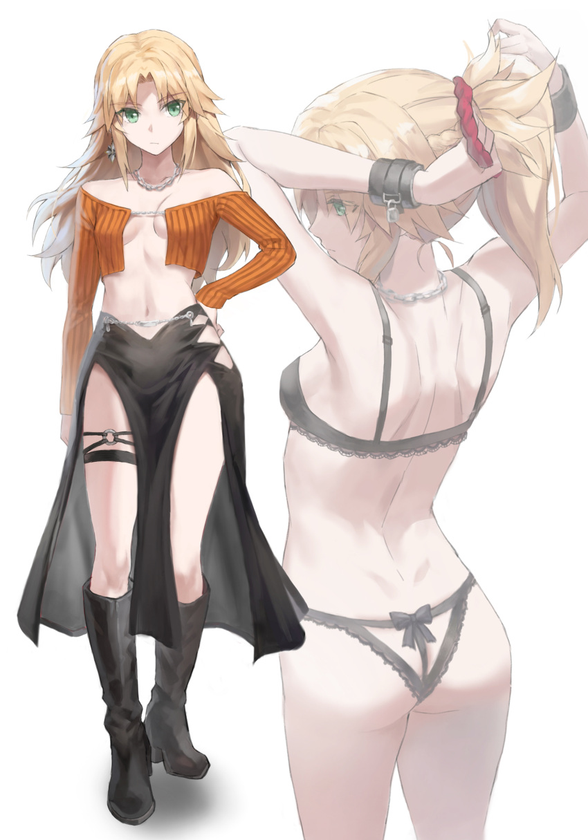 1girl absurdres arms_behind_head arms_up ass back bare_shoulders black_bra black_footwear black_panties black_skirt blonde_hair boots bra braid breasts center_opening cropped_shirt fate/apocrypha fate_(series) french_braid full_body green_eyes highres jewelry knee_boots long_hair long_skirt long_sleeves looking_to_the_side mordred_(fate) mordred_(fate/apocrypha) multiple_views navel necklace off_shoulder orange_shirt panties parted_bangs pelvic_curtain ponytail shirt sidelocks skirt small_breasts tonee tying_hair underwear variant_set