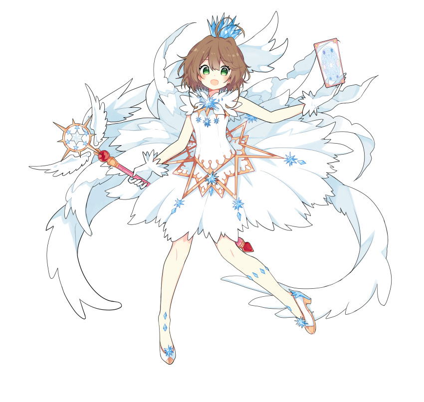 1girl :o absurdres antenna_hair black_outline blue_gemstone breasts brown_hair card cardcaptor_sakura clow_card crown dot_nose dress fenghu_(huli) floating full_body gem gloves green_eyes high_heels highres holding holding_card holding_wand hoshi_no_tsue kinomoto_sakura looking_at_viewer magical_girl open_mouth outline short_hair simple_background sleeveless sleeveless_dress small_breasts solo tachi-e wand white_background white_dress white_gloves white_wings winged_wand wings