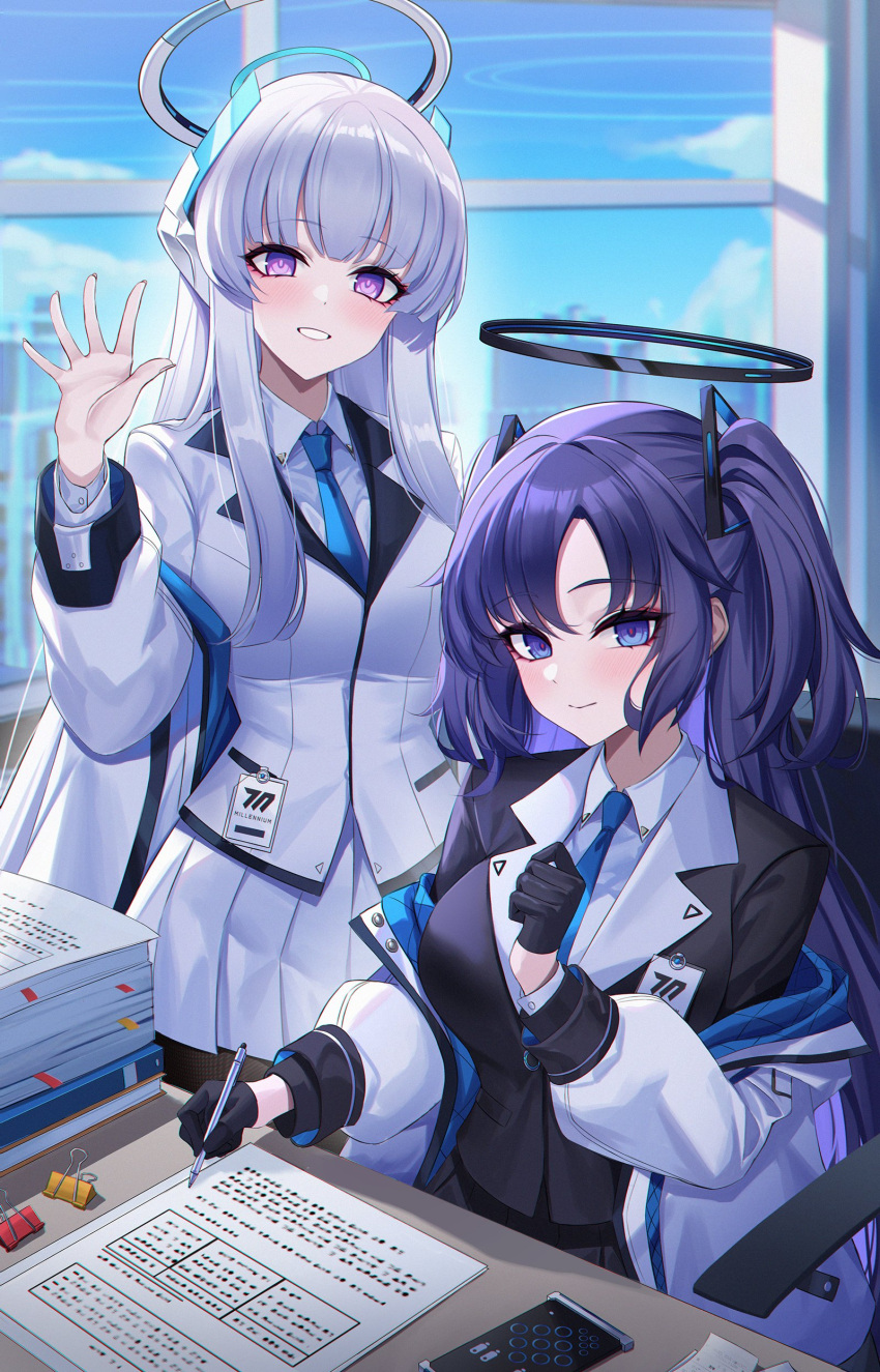 2girls absurdres black_gloves blue_archive blue_necktie blush breasts closed_mouth collared_shirt eternity_(shadeh) gloves grey_hair grin halo highres holding holding_pen indoors jacket large_breasts long_hair long_sleeves mechanical_halo multiple_girls necktie noa_(blue_archive) paper pen pleated_skirt purple_eyes purple_hair revision shirt skirt smile two-sided_fabric two-sided_jacket two_side_up white_jacket white_shirt white_skirt window yuuka_(blue_archive)