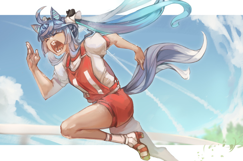 1girl ahoge animal_ears ankle_socks blue_hair blue_sky bow closed_eyes cloud commentary contrail crossed_bangs day english_commentary floating_hair foot_out_of_frame grass gym_shirt gym_shorts gym_uniform hair_bow hand_up high_heel_sneakers highres horse_ears horse_girl horse_tail larribee leg_up letterboxed long_hair open_mouth original_race_uniform_(umamusume) outdoors outside_border race_bib railing red_shorts running sharp_teeth shirt short_sleeves shorts sidelocks sky socks solo sweat tail teeth twin_turbo_(umamusume) twintails umamusume white_shirt white_socks