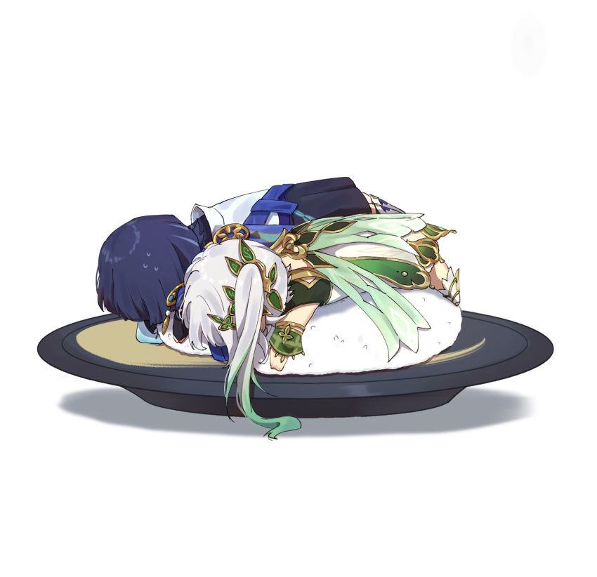 1boy 1girl blue_hair detached_sleeves dress fish_(food) food genshin_impact gold_trim gradient_hair green_hair hair_ornament highres leaf_hair_ornament long_hair lying multicolored_hair nahida_(genshin_impact) nigirizushi on_stomach rice scaramouche_(genshin_impact) side_ponytail sidelocks simple_background sushi sweat wanderer_(genshin_impact) white_background white_dress white_hair yuka_(pixiv38407039)